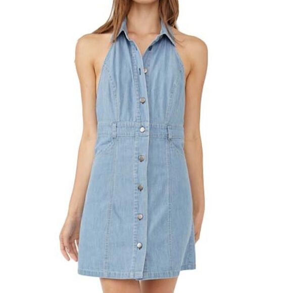 NWT Free People Sami Mini Dress Denim Blue Dress Halter Open Back Button Down L - Picture 3 of 11